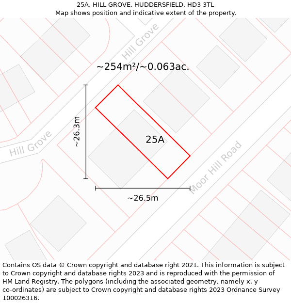 25A, HILL GROVE, HUDDERSFIELD, HD3 3TL: Plot and title map