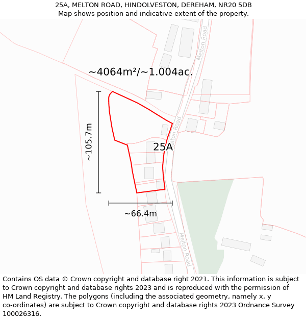 25A, MELTON ROAD, HINDOLVESTON, DEREHAM, NR20 5DB: Plot and title map