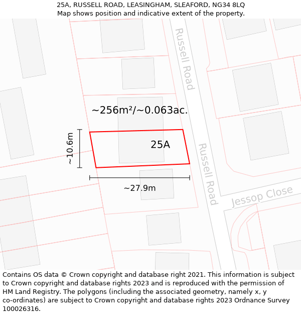 25A, RUSSELL ROAD, LEASINGHAM, SLEAFORD, NG34 8LQ: Plot and title map