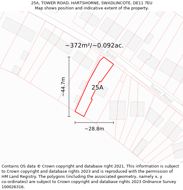 25A, TOWER ROAD, HARTSHORNE, SWADLINCOTE, DE11 7EU: Plot and title map