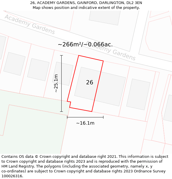 26, ACADEMY GARDENS, GAINFORD, DARLINGTON, DL2 3EN: Plot and title map