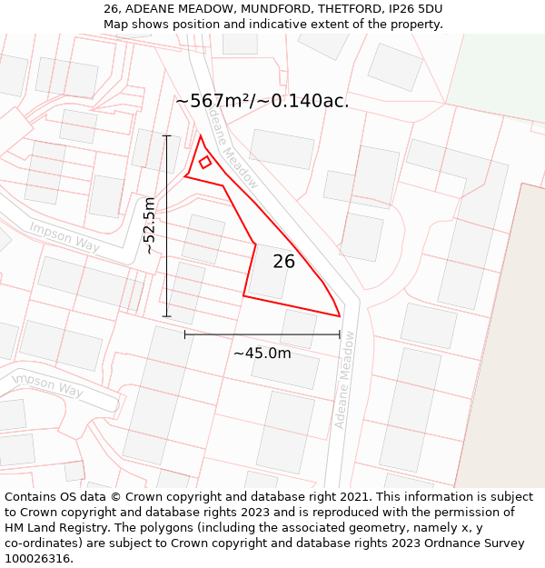 26, ADEANE MEADOW, MUNDFORD, THETFORD, IP26 5DU: Plot and title map