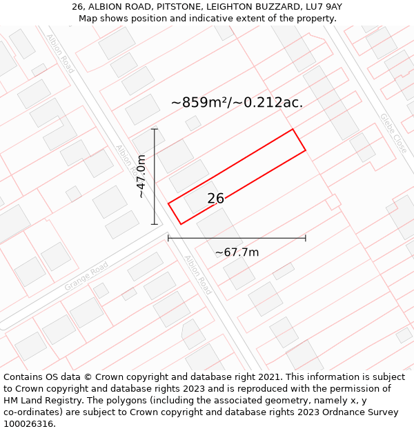 26, ALBION ROAD, PITSTONE, LEIGHTON BUZZARD, LU7 9AY: Plot and title map