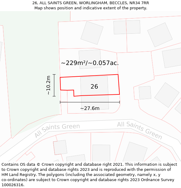 26, ALL SAINTS GREEN, WORLINGHAM, BECCLES, NR34 7RR: Plot and title map