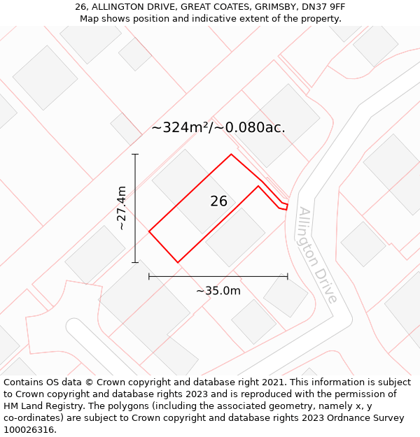 26, ALLINGTON DRIVE, GREAT COATES, GRIMSBY, DN37 9FF: Plot and title map
