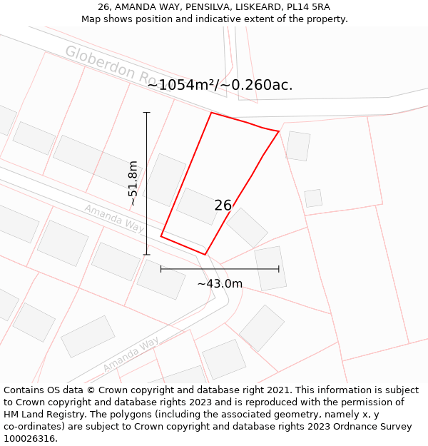 26, AMANDA WAY, PENSILVA, LISKEARD, PL14 5RA: Plot and title map