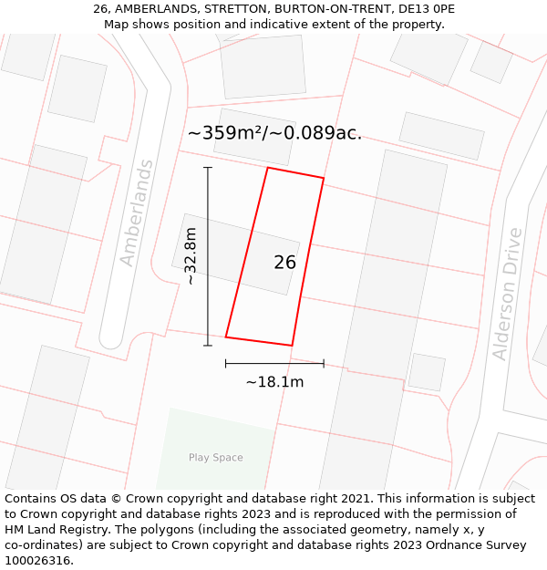 26, AMBERLANDS, STRETTON, BURTON-ON-TRENT, DE13 0PE: Plot and title map