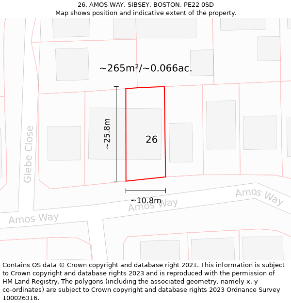 26, AMOS WAY, SIBSEY, BOSTON, PE22 0SD: Plot and title map