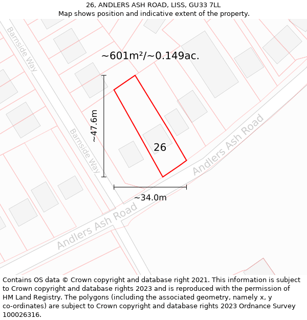 26, ANDLERS ASH ROAD, LISS, GU33 7LL: Plot and title map