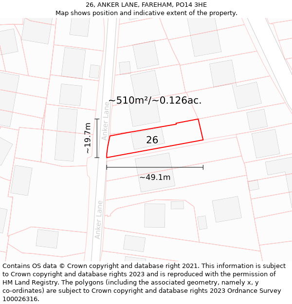 26, ANKER LANE, FAREHAM, PO14 3HE: Plot and title map