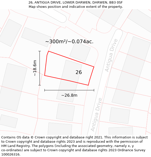 26, ANTIGUA DRIVE, LOWER DARWEN, DARWEN, BB3 0SF: Plot and title map