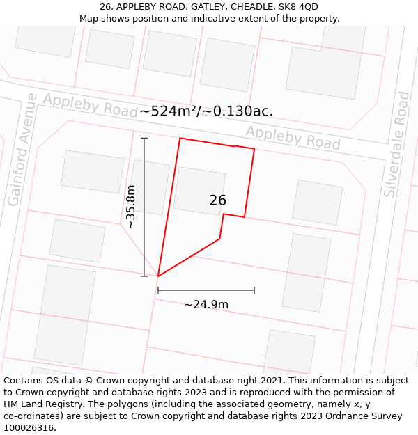 26, APPLEBY ROAD, GATLEY, CHEADLE, SK8 4QD: Plot and title map