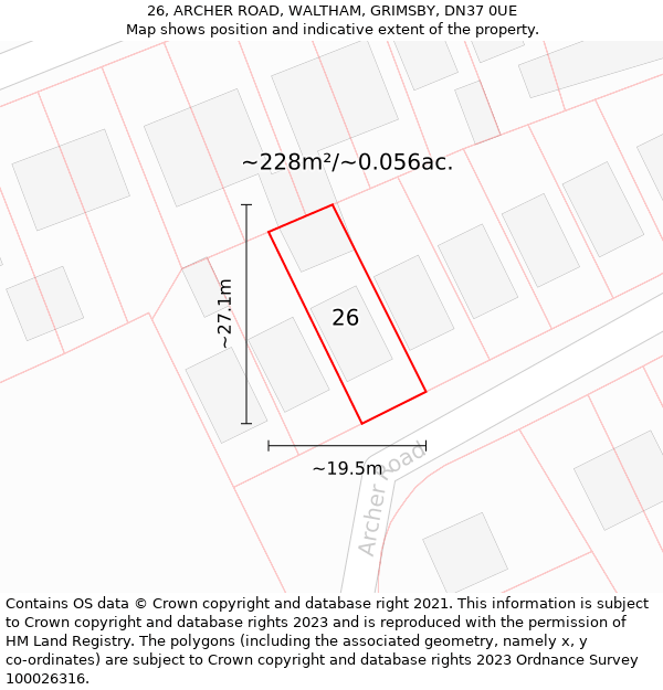 26, ARCHER ROAD, WALTHAM, GRIMSBY, DN37 0UE: Plot and title map