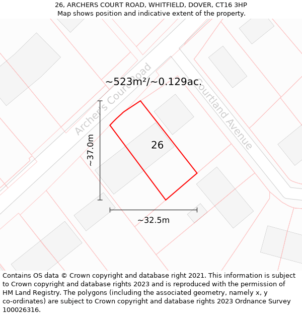 26, ARCHERS COURT ROAD, WHITFIELD, DOVER, CT16 3HP: Plot and title map