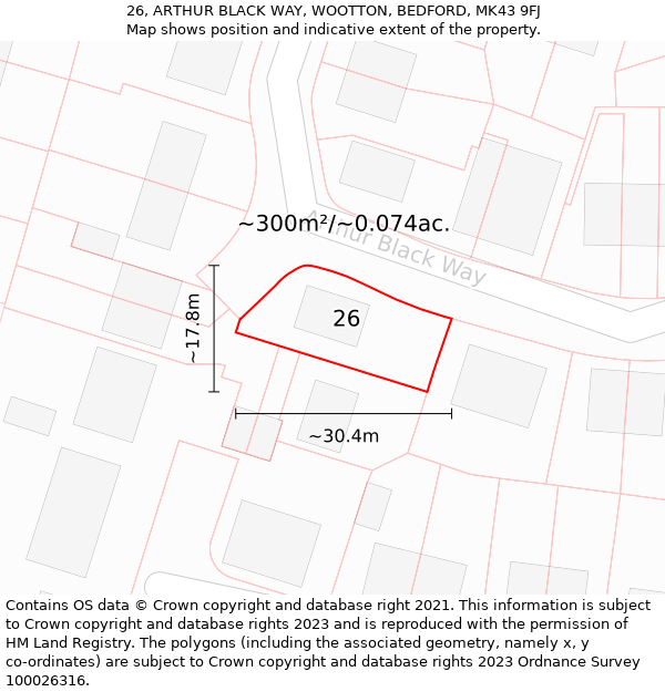 26, ARTHUR BLACK WAY, WOOTTON, BEDFORD, MK43 9FJ: Plot and title map