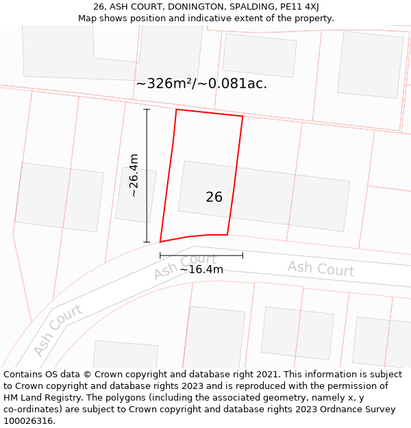 26, ASH COURT, DONINGTON, SPALDING, PE11 4XJ: Plot and title map