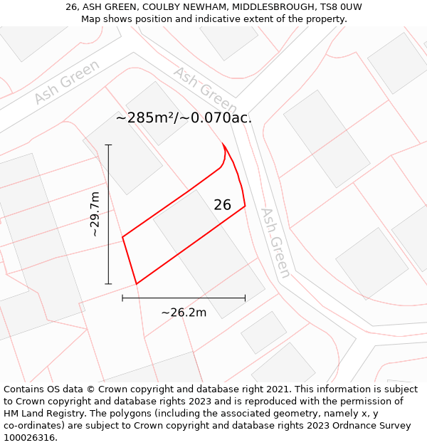 26, ASH GREEN, COULBY NEWHAM, MIDDLESBROUGH, TS8 0UW: Plot and title map