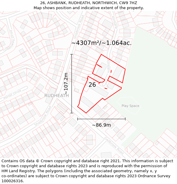 26, ASHBANK, RUDHEATH, NORTHWICH, CW9 7HZ: Plot and title map