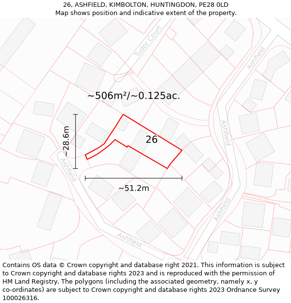 26, ASHFIELD, KIMBOLTON, HUNTINGDON, PE28 0LD: Plot and title map