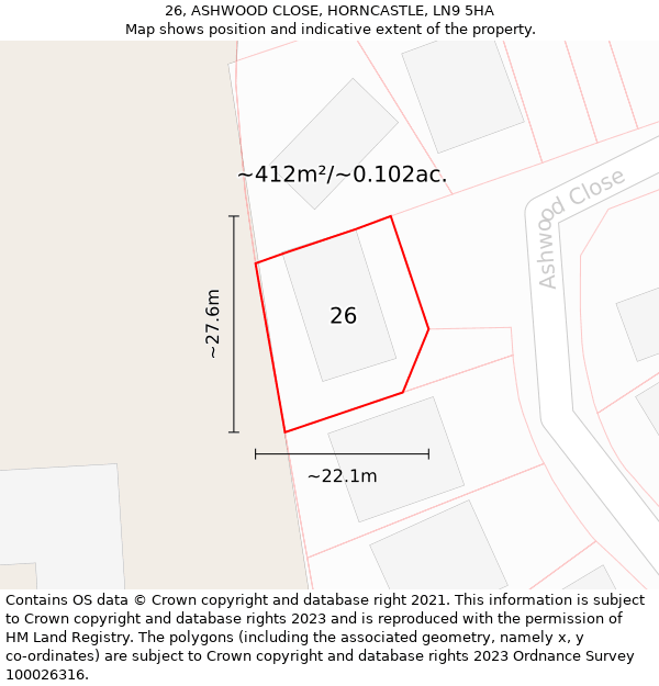 26, ASHWOOD CLOSE, HORNCASTLE, LN9 5HA: Plot and title map