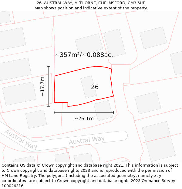 26, AUSTRAL WAY, ALTHORNE, CHELMSFORD, CM3 6UP: Plot and title map