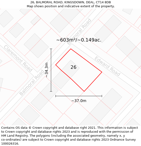 26, BALMORAL ROAD, KINGSDOWN, DEAL, CT14 8DB: Plot and title map