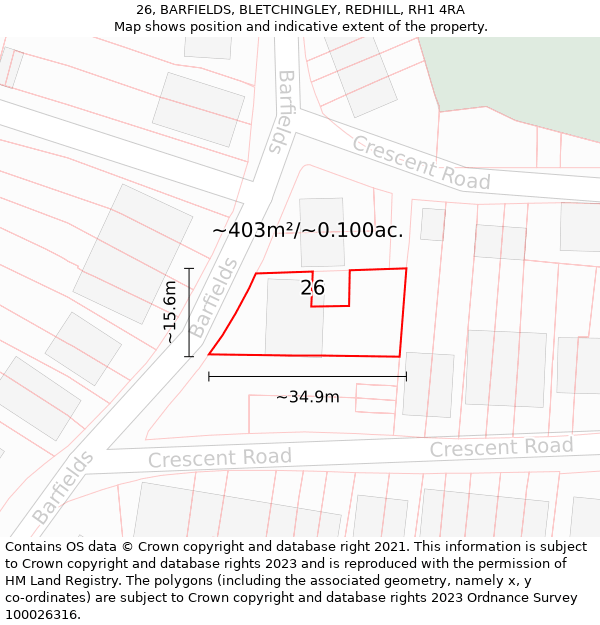 26, BARFIELDS, BLETCHINGLEY, REDHILL, RH1 4RA: Plot and title map