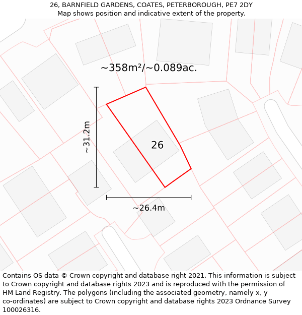 26, BARNFIELD GARDENS, COATES, PETERBOROUGH, PE7 2DY: Plot and title map