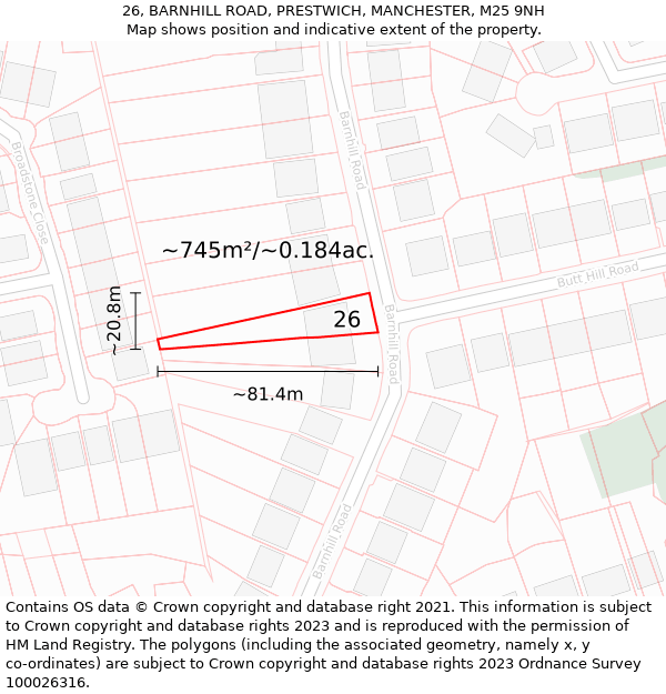 26, BARNHILL ROAD, PRESTWICH, MANCHESTER, M25 9NH: Plot and title map