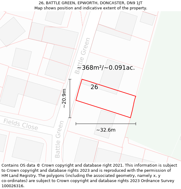 26, BATTLE GREEN, EPWORTH, DONCASTER, DN9 1JT: Plot and title map