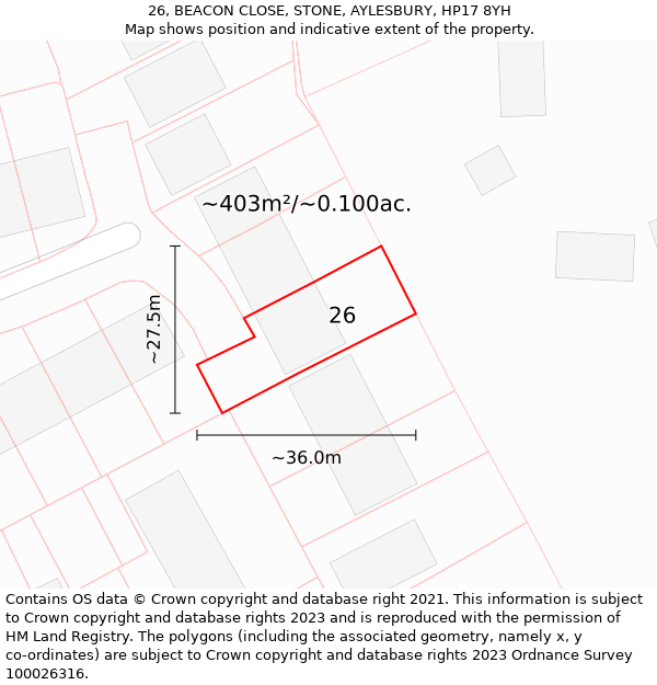 26, BEACON CLOSE, STONE, AYLESBURY, HP17 8YH: Plot and title map