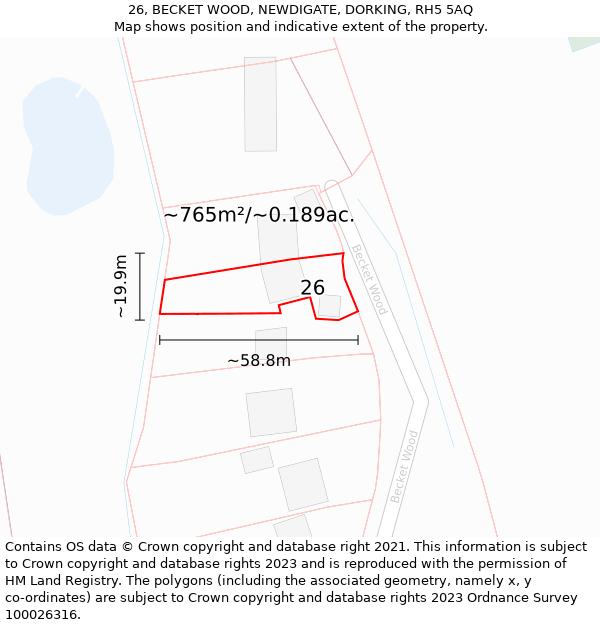 26, BECKET WOOD, NEWDIGATE, DORKING, RH5 5AQ: Plot and title map