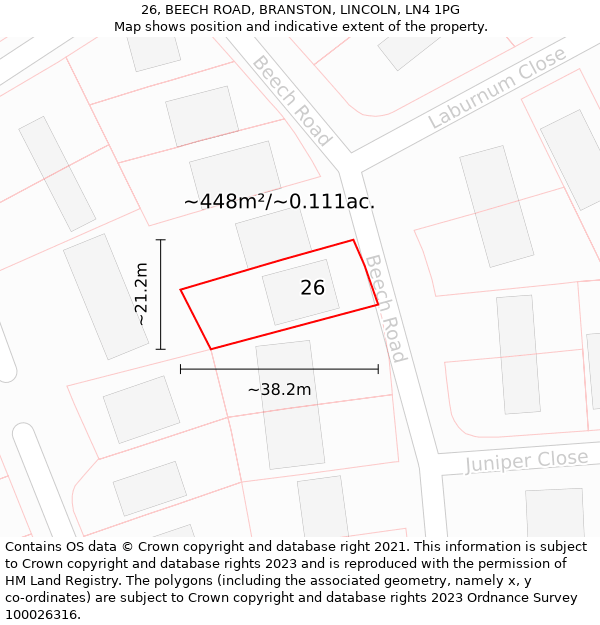 26, BEECH ROAD, BRANSTON, LINCOLN, LN4 1PG: Plot and title map