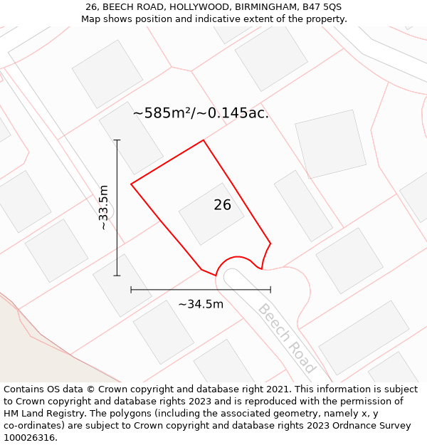 26, BEECH ROAD, HOLLYWOOD, BIRMINGHAM, B47 5QS: Plot and title map