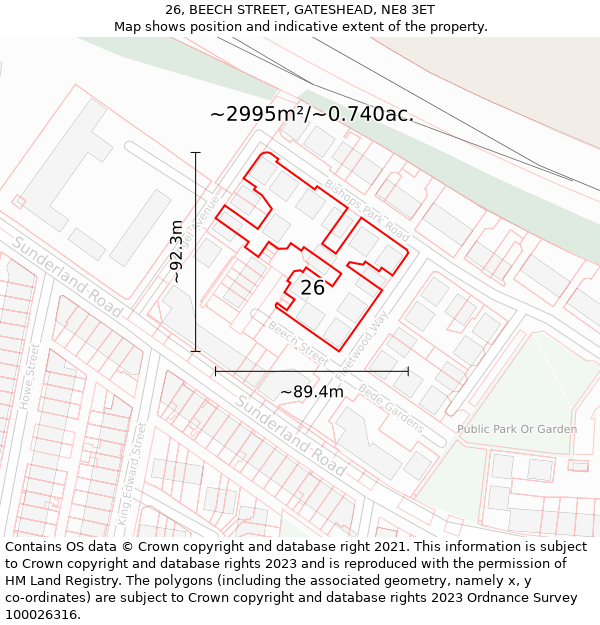 26, BEECH STREET, GATESHEAD, NE8 3ET: Plot and title map