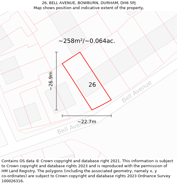 26, BELL AVENUE, BOWBURN, DURHAM, DH6 5PJ: Plot and title map