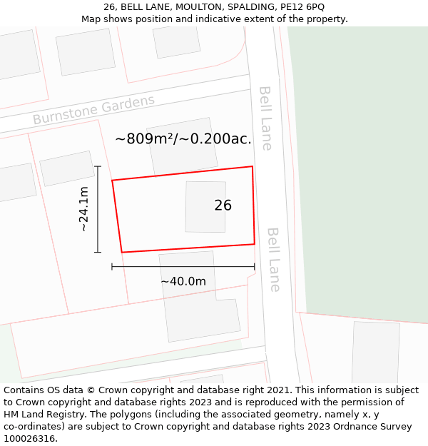 26, BELL LANE, MOULTON, SPALDING, PE12 6PQ: Plot and title map