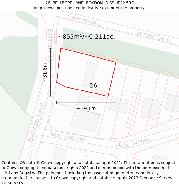 26, BELLROPE LANE, ROYDON, DISS, IP22 5RG: Plot and title map