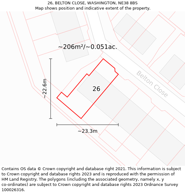 26, BELTON CLOSE, WASHINGTON, NE38 8BS: Plot and title map