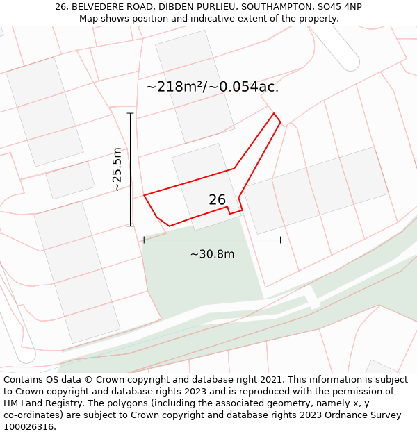 26, BELVEDERE ROAD, DIBDEN PURLIEU, SOUTHAMPTON, SO45 4NP: Plot and title map