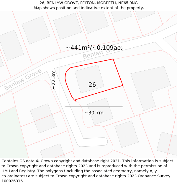 26, BENLAW GROVE, FELTON, MORPETH, NE65 9NG: Plot and title map