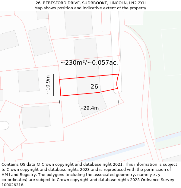26, BERESFORD DRIVE, SUDBROOKE, LINCOLN, LN2 2YH: Plot and title map