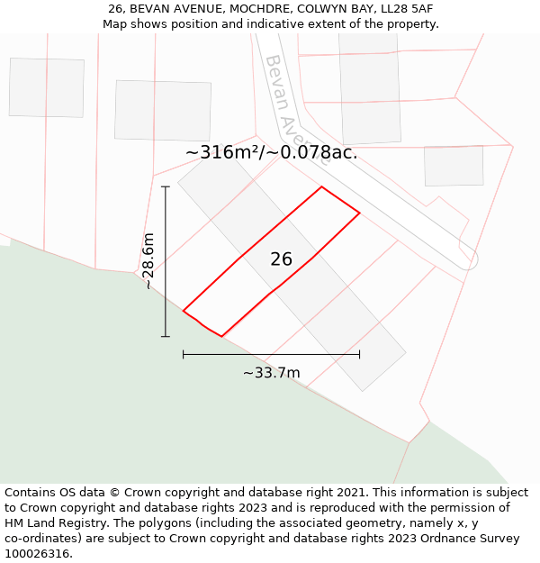 26, BEVAN AVENUE, MOCHDRE, COLWYN BAY, LL28 5AF: Plot and title map