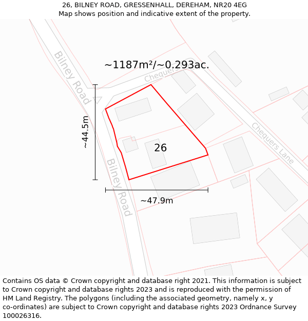 26, BILNEY ROAD, GRESSENHALL, DEREHAM, NR20 4EG: Plot and title map