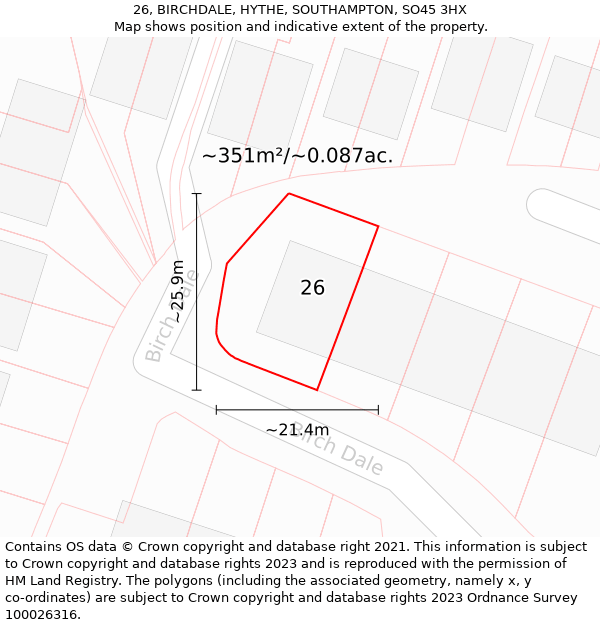 26, BIRCHDALE, HYTHE, SOUTHAMPTON, SO45 3HX: Plot and title map