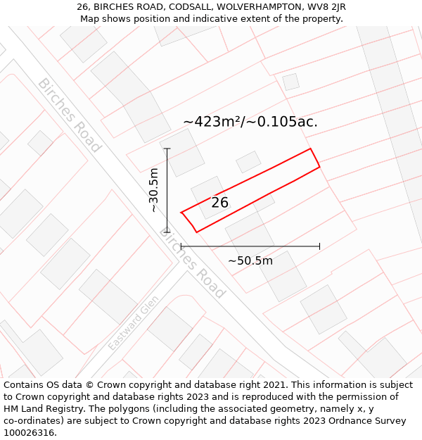 26, BIRCHES ROAD, CODSALL, WOLVERHAMPTON, WV8 2JR: Plot and title map