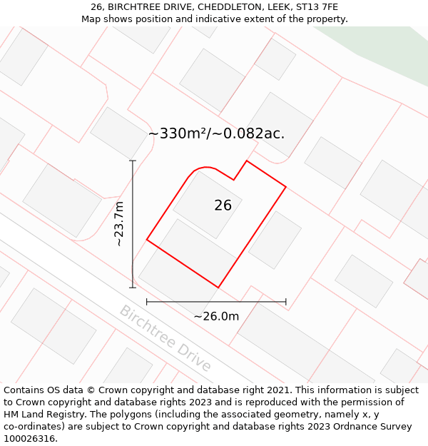 26, BIRCHTREE DRIVE, CHEDDLETON, LEEK, ST13 7FE: Plot and title map
