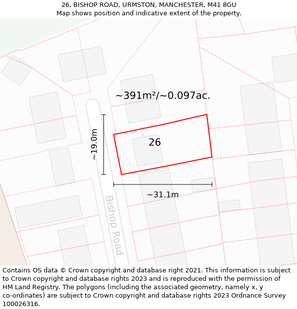 26, BISHOP ROAD, URMSTON, MANCHESTER, M41 8GU: Plot and title map