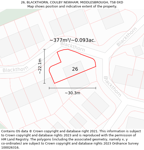 26, BLACKTHORN, COULBY NEWHAM, MIDDLESBROUGH, TS8 0XD: Plot and title map