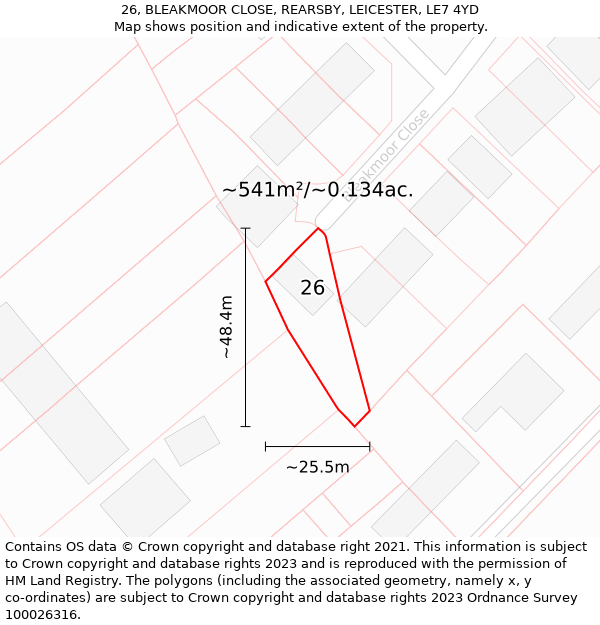 26, BLEAKMOOR CLOSE, REARSBY, LEICESTER, LE7 4YD: Plot and title map
